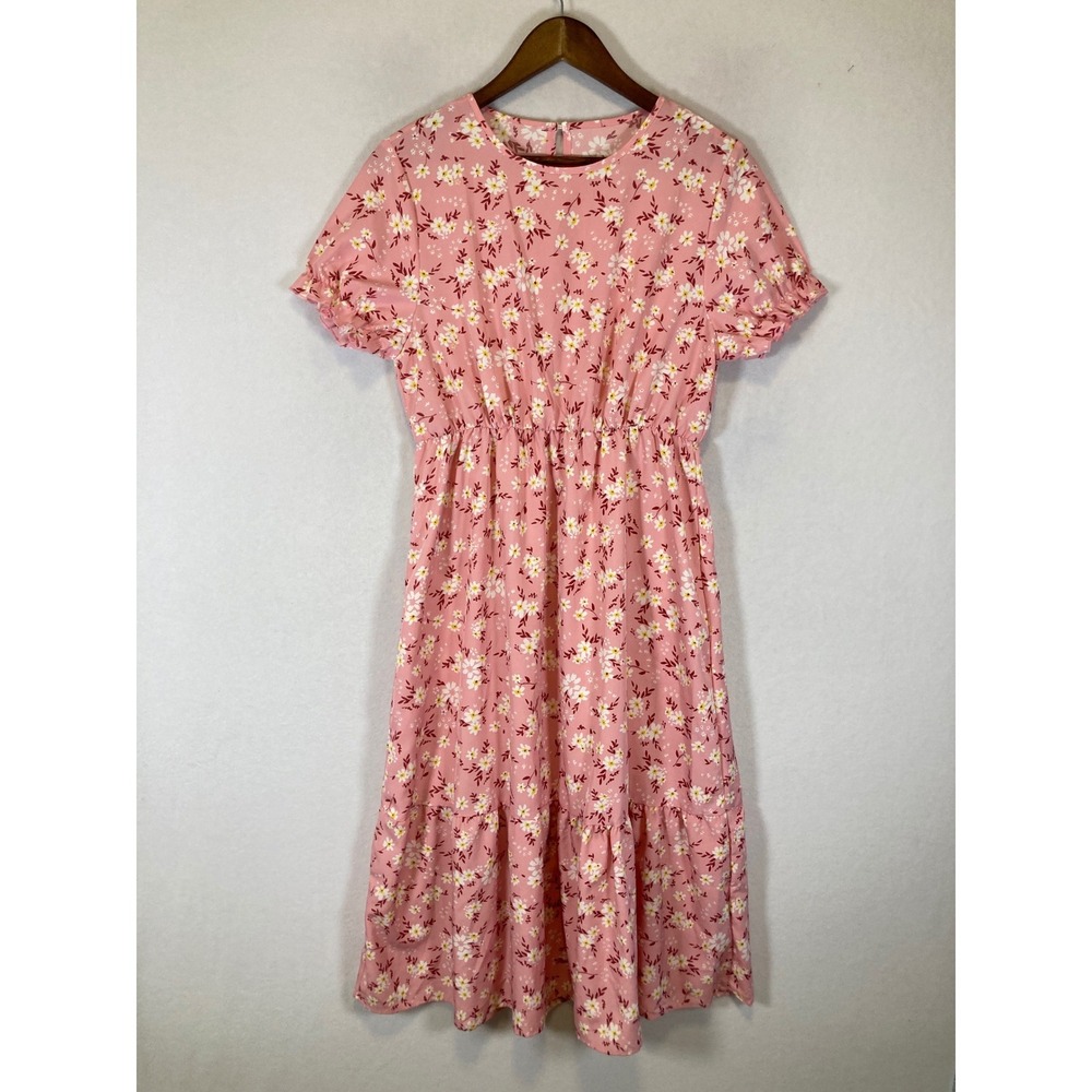 Cottagecore Picnic ‎ Women L Pink Floral Daisy Tiered Ruffle Sleeve Midi Dress